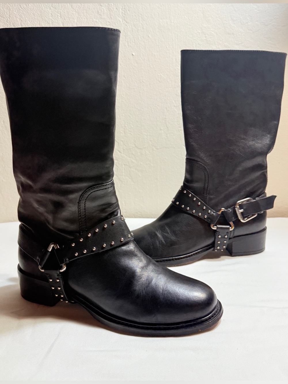 Sebastian Milano Black Leather Studded Harness Moto Boots Italy EU 37